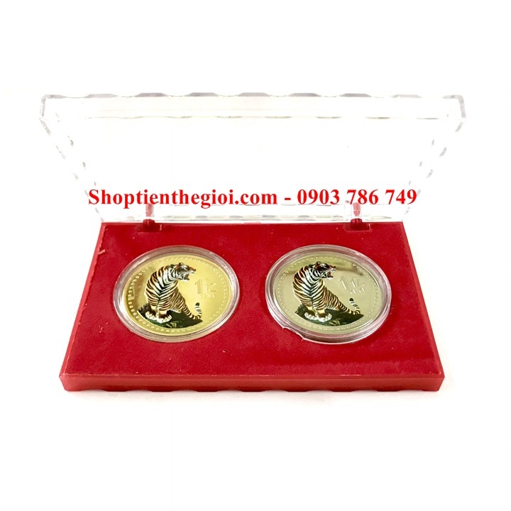 Cặp xu hình Con Cọp Vàng Bạc 1 Yi Trung Quốc in màu - SP005329